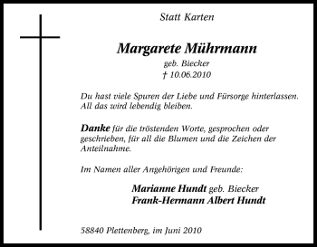 Traueranzeige von Margarete Mührmann von Tageszeitung