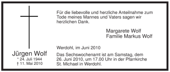 Traueranzeige von Jürgen Wolf von Tageszeitung