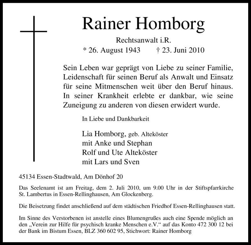  Traueranzeige für Rainer Homborg vom 26.06.2010 aus Tageszeitung