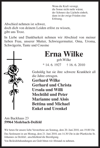 Traueranzeige von Erna Wilke von Tageszeitung