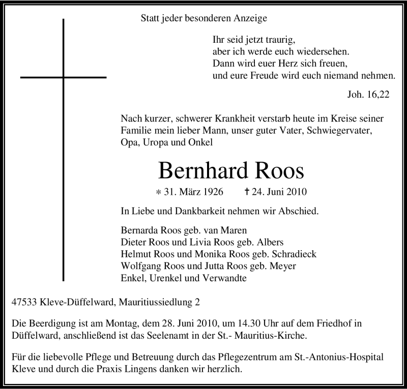  Traueranzeige für Bernhard Roos vom 26.06.2010 aus Tageszeitung