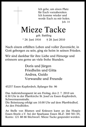 Traueranzeige von Mieze Tacke von Tageszeitung