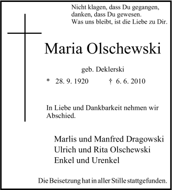 Traueranzeige von Maria Olschewski von Tageszeitung