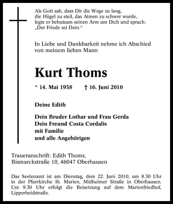 Traueranzeige von Kurt Thoms von Tageszeitung