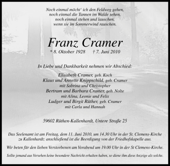 Traueranzeige von Franz Cramer von Tageszeitung