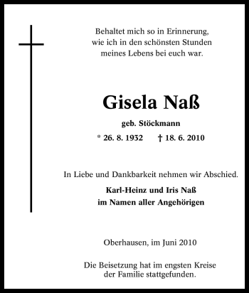 Traueranzeige von Gisela Naß von Tageszeitung