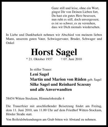 Traueranzeige von Horst Sagel von Tageszeitung
