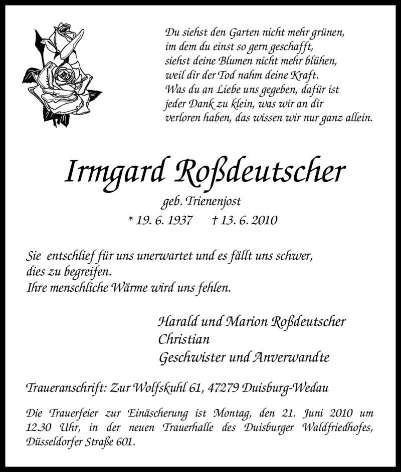  Traueranzeige für Irmgard Roßdeutscher vom 16.06.2010 aus Tageszeitung