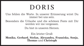 Traueranzeige von Doris Bauer von Tageszeitung