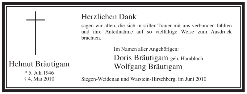  Traueranzeige für Helmut Bräutigam vom 12.06.2010 aus Tageszeitung