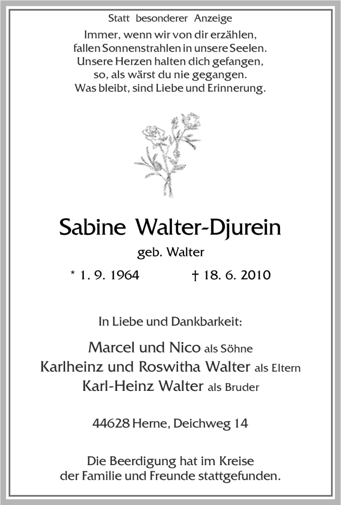  Traueranzeige für Sabine Walter-Djurein vom 26.06.2010 aus Tageszeitung