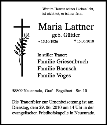 Traueranzeige von Maria Lattner von Tageszeitung