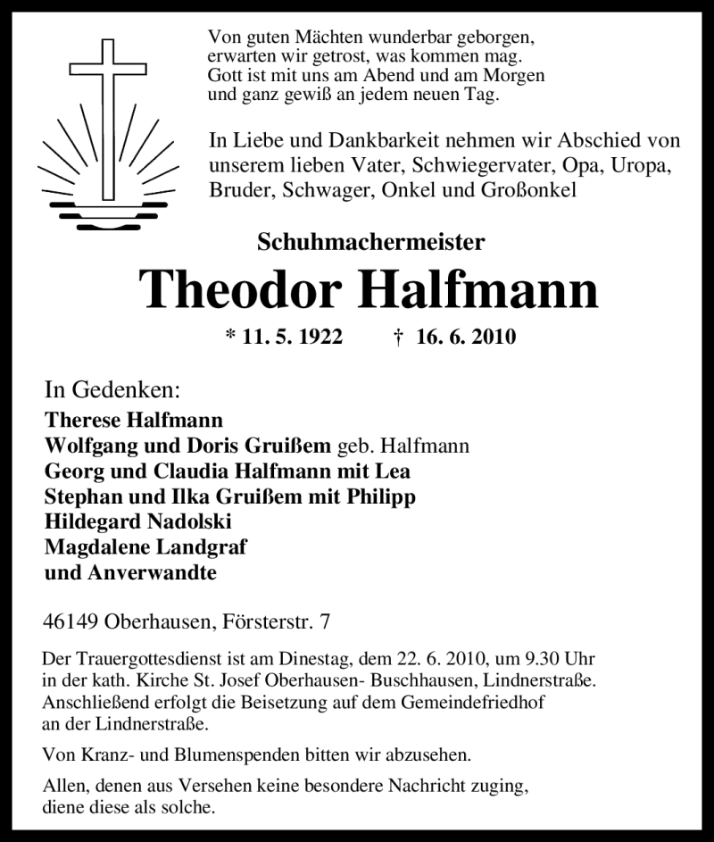  Traueranzeige für Theodor Halfmann vom 18.06.2010 aus Tageszeitung
