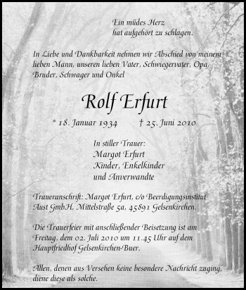 Traueranzeige von Rolf Erfurt von Tageszeitung