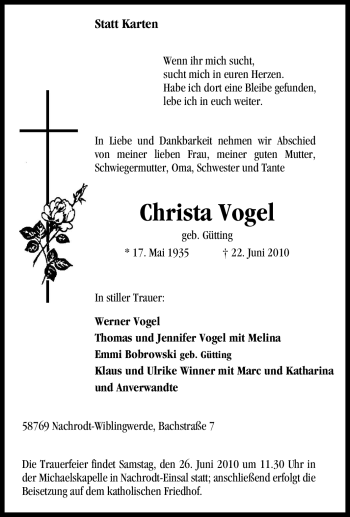 Traueranzeige von Christa Vogel von Tageszeitung