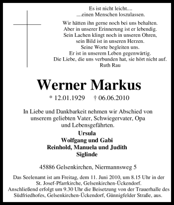 Traueranzeige von Werner Markus von Tageszeitung