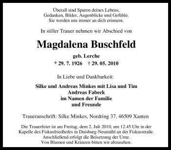 Traueranzeige von Magdalena Buschfeld von Tageszeitung