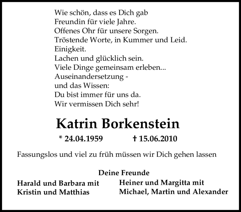  Traueranzeige für Katrin Borkenstein vom 18.06.2010 aus Tageszeitung