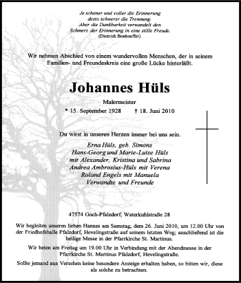Traueranzeige von Johannes Hüls von Tageszeitung