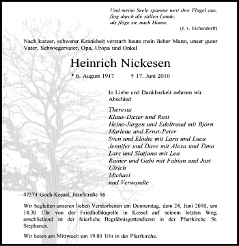 Traueranzeige von Heinrich Nickesen von Tageszeitung
