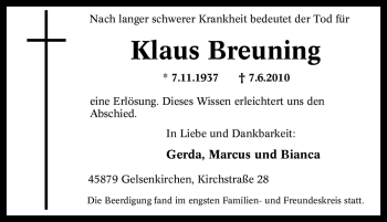 Traueranzeige von Klaus Breuning von Tageszeitung