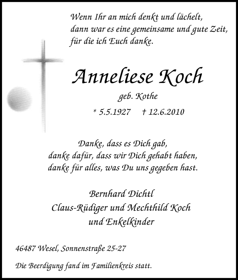  Traueranzeige für Anneliese Koch vom 18.06.2010 aus Tageszeitung