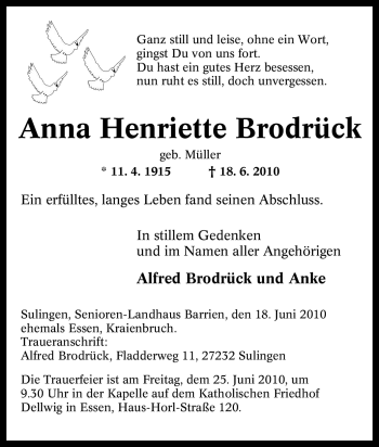 Traueranzeige von Anna Henriette Brodrück von Tageszeitung