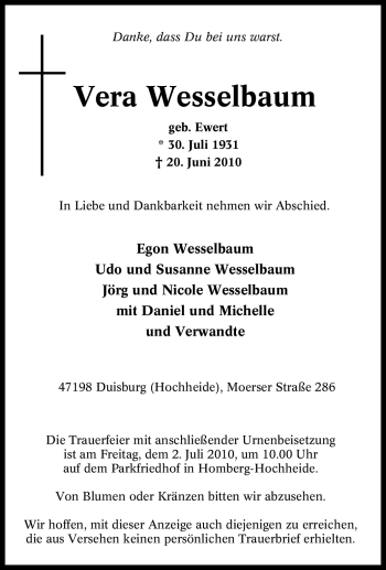 Traueranzeige von Vera Wesselbaum von Tageszeitung