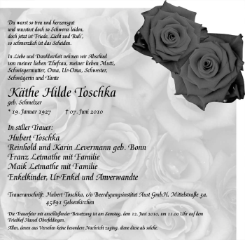 Traueranzeige von Käthe Hilde Toschka von Tageszeitung