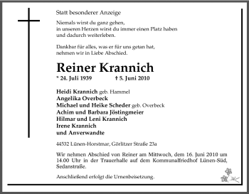 Traueranzeige von Reiner Krannich von Tageszeitung