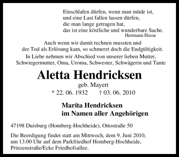 Traueranzeige von Aletta Hendricksen von Tageszeitung