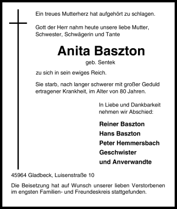 Traueranzeige von Anita Baszton von Tageszeitung