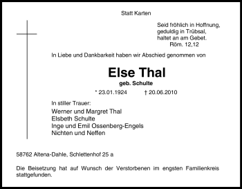 Traueranzeige von Else Thal von Tageszeitung