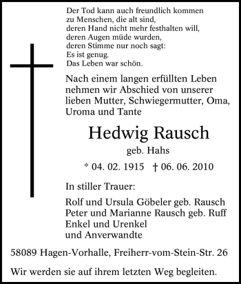 Traueranzeige von Hedwig Rausch von Tageszeitung