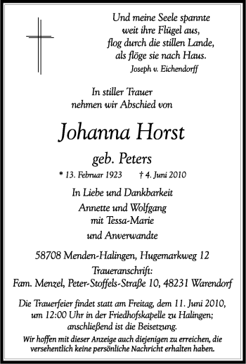 Traueranzeige von Johanna Horst von Tageszeitung