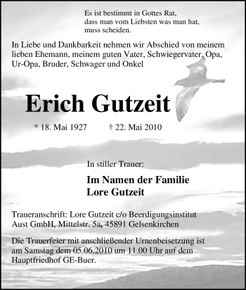 Traueranzeige von Erich Gutzeit von Tageszeitung