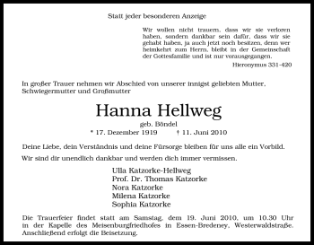 Traueranzeige von Hanna Hellweg von Tageszeitung