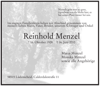 Traueranzeige von Reinhold Menzel von Tageszeitung