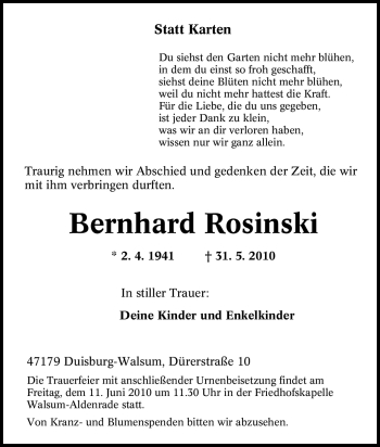 Traueranzeige von Bernhard Rosinski von Tageszeitung