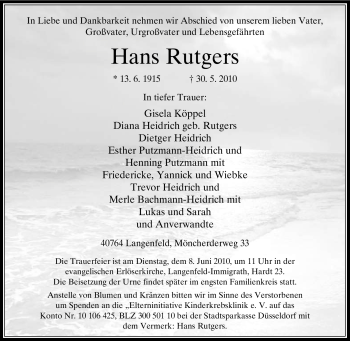 Traueranzeige von Hans Rutgers von Tageszeitung