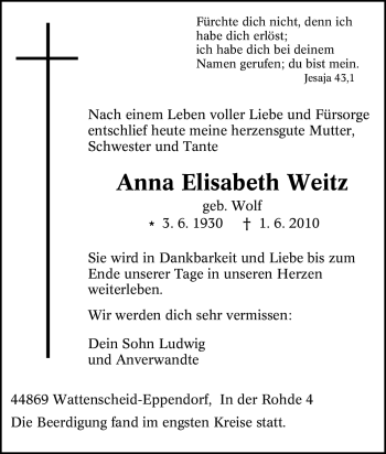 Traueranzeige von Anna Elisabeth Weitz von Tageszeitung