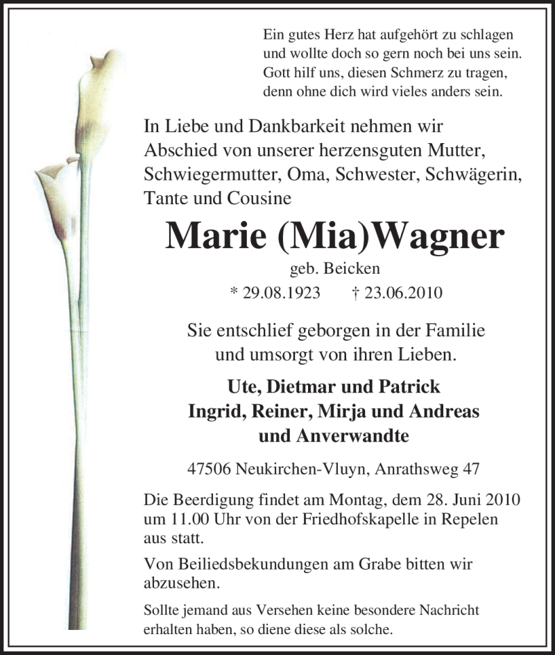  Traueranzeige für Marie Mia)Wagner vom 25.06.2010 aus Tageszeitung