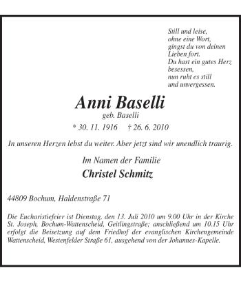 Traueranzeige von Anni Baselli von Tageszeitung