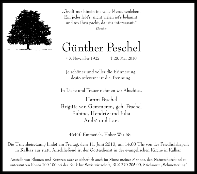  Traueranzeige für Günther Peschel vom 05.06.2010 aus Tageszeitung