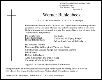 Traueranzeige von Werner Rahlenbeck von Tageszeitung