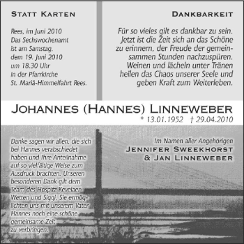 Traueranzeige von Johannes Linneweber von Tageszeitung