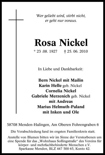 Traueranzeige von Rosa Nickel von Tageszeitung