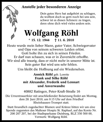 Traueranzeige von Wolfgang Röhl von Tageszeitung