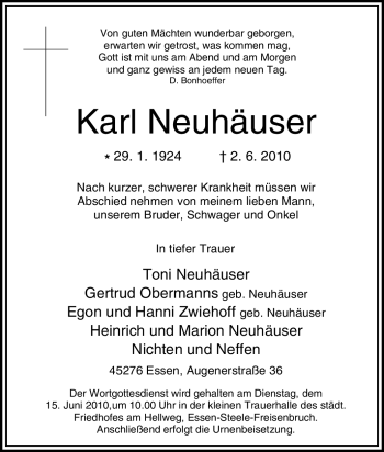Traueranzeige von Karl Neuhäuser von Tageszeitung