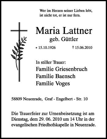 Traueranzeige von Maria Lattner von Tageszeitung